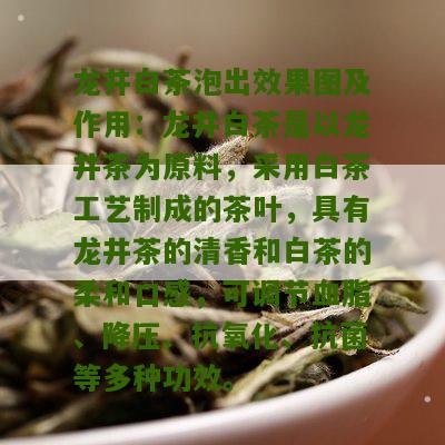 龙井白茶泡出效果图及作用：龙井白茶是以龙井茶为原料，采用白茶工艺制成的茶叶，具有龙井茶的清香和白茶的柔和口感，可调节血脂、降压、抗氧化、抗菌等多种功效。